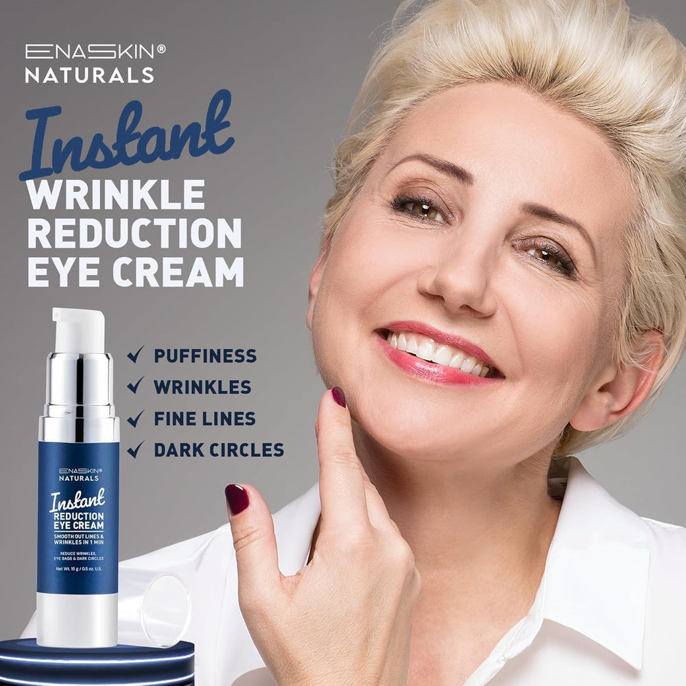 Enaskin Naturals Instant Eye Cream application under eye demonstrates gentle smoothing