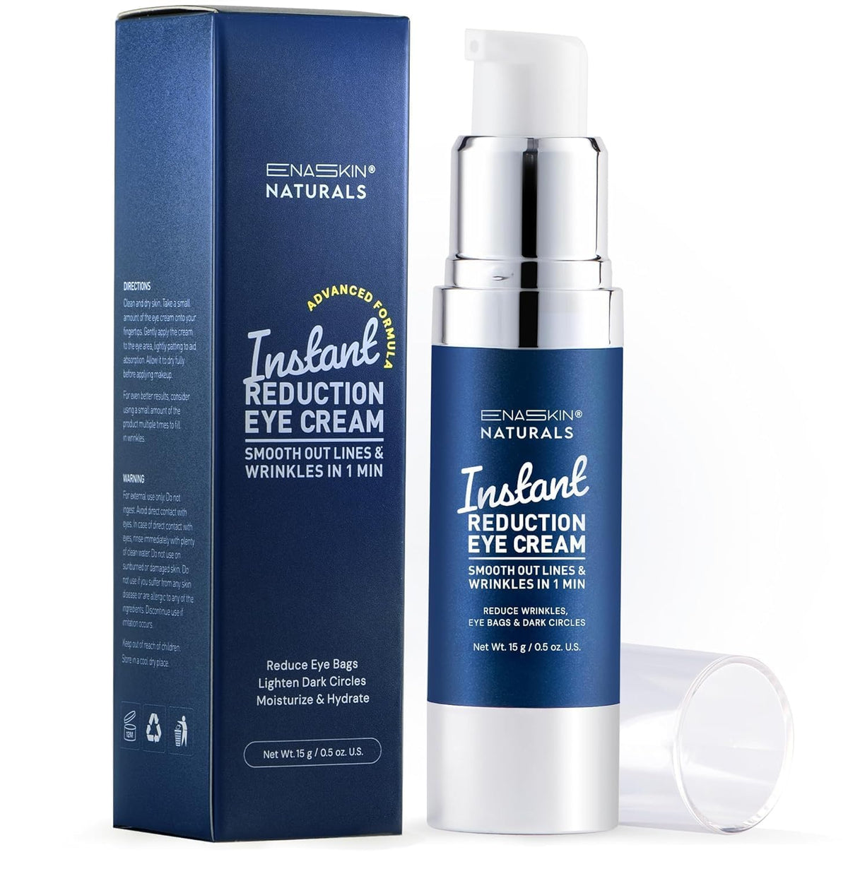 Enaskin Naturals Instant Eye Face Lift Cream bottle shows portable, quick firming for on-the-go use