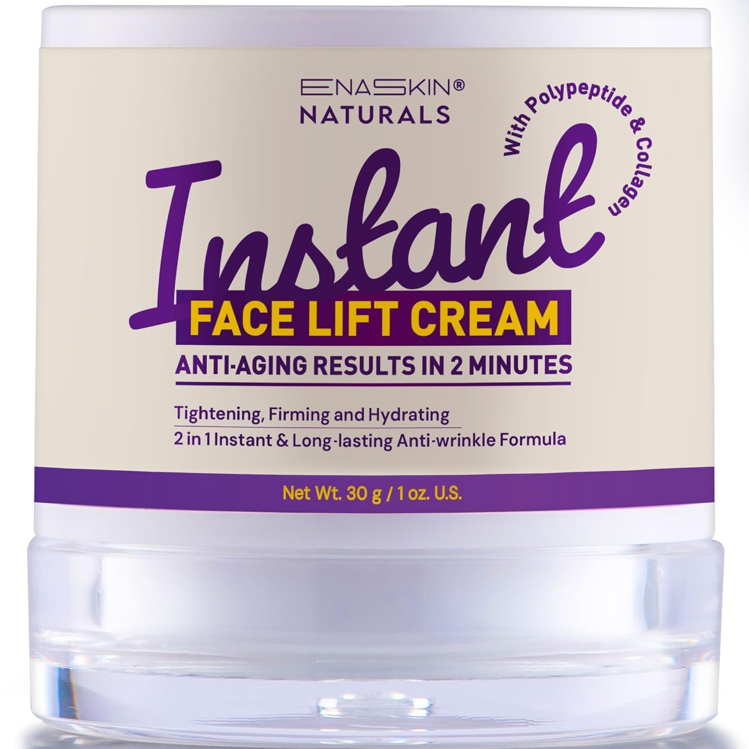 Enaskin Naturals Instant Face Tightener bottle closeup shows quick lift benefit