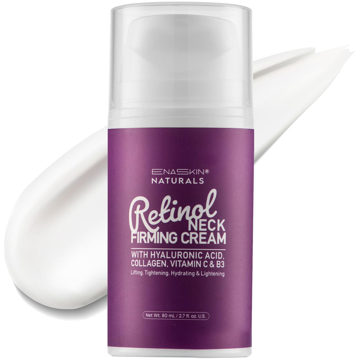 Enaskin Naturals Retinol Neck Firming Cream bottle shows premium tightening action for face and neck.