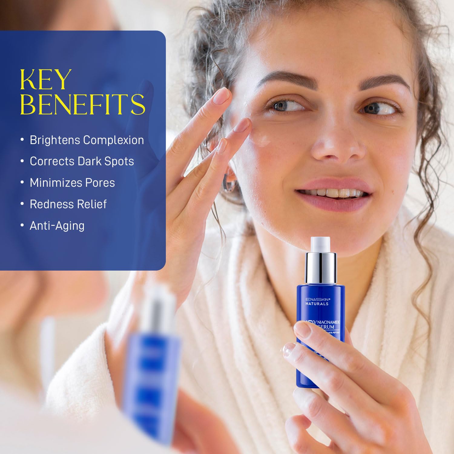 Enaskin Naturals Niacinamide Serum bottle on desk with soft lighting for morning use.