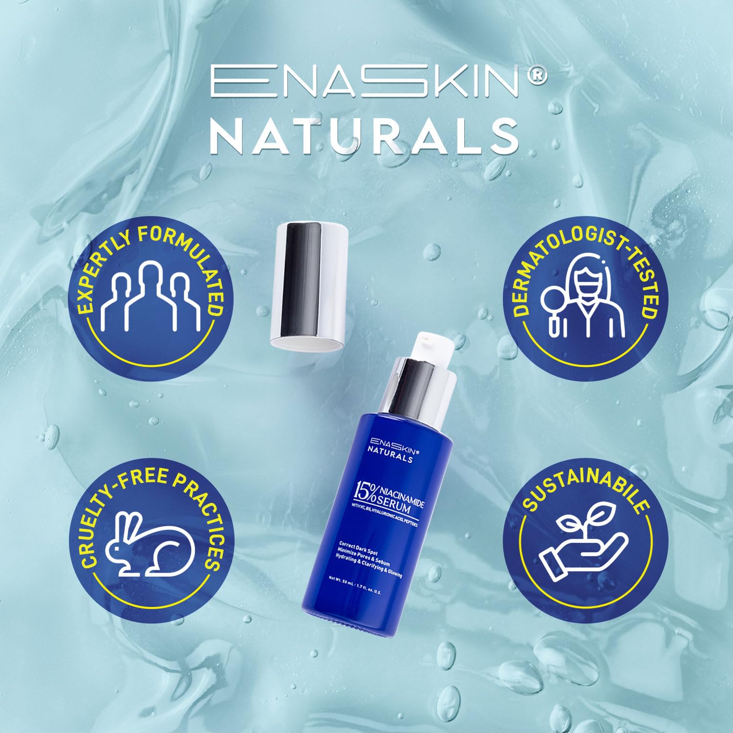 Enaskin Naturals Niacinamide Serum packaging on vanity suggests daily regimen.