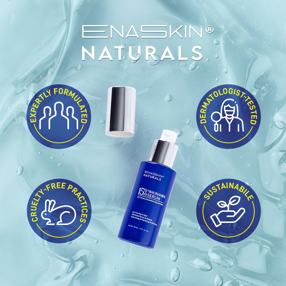 Enaskin Naturals Niacinamide Serum packaging on vanity suggests daily regimen.