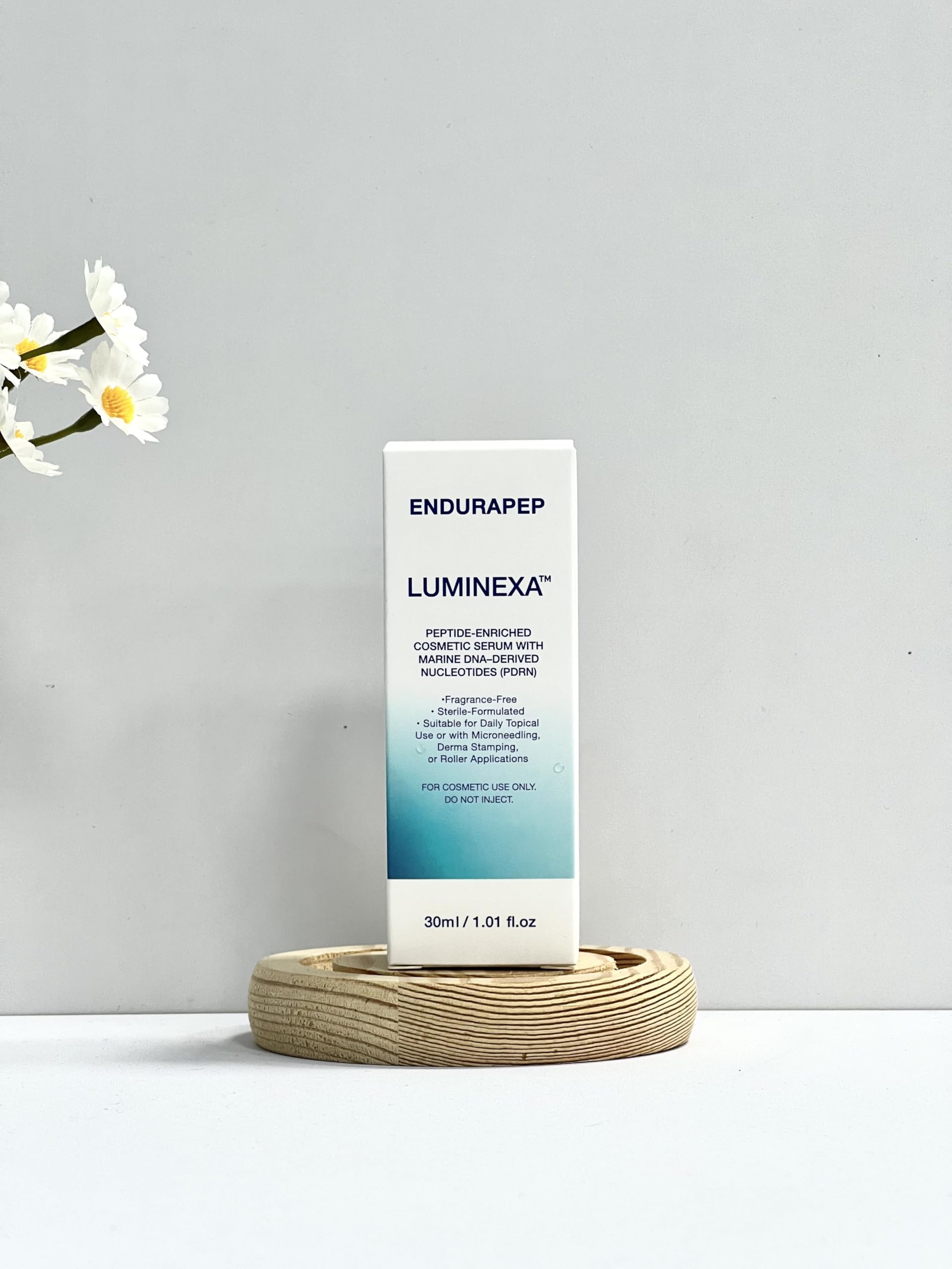 ENDURAPEP LUMINEXA serum bottle displaying fragrance-free formula for all skin types.