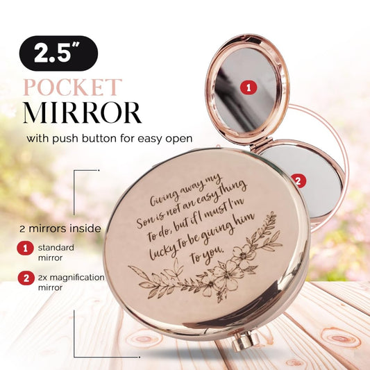 Enduring Gifts rose gold compact mirror shows 2x magnification for easy makeup checks.