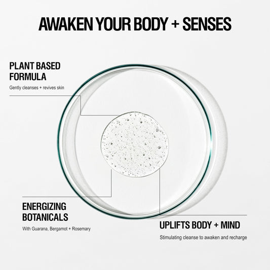 Close-up of Energize Body Cleanser gel-to-foam texture for gentle cleansing.