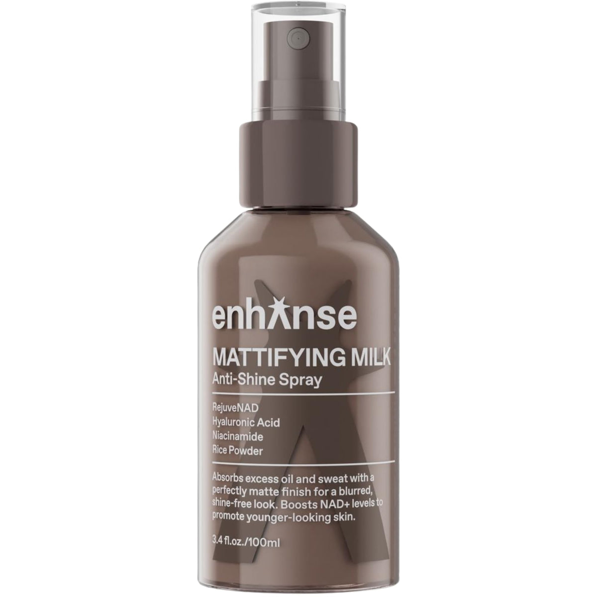 ENHANSE Mattifying Milk Anti Shine Spray bottle applying on skin for a matte finish.