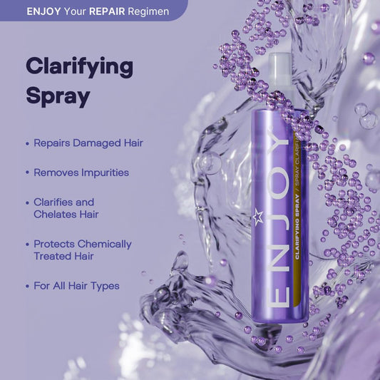 Enjoy Clarifying Spray action pump demonstrates easy, mess-free application for refreshed hair