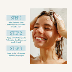 Enjoy Conditioner detangling action on hair demonstrates movement and softness.
