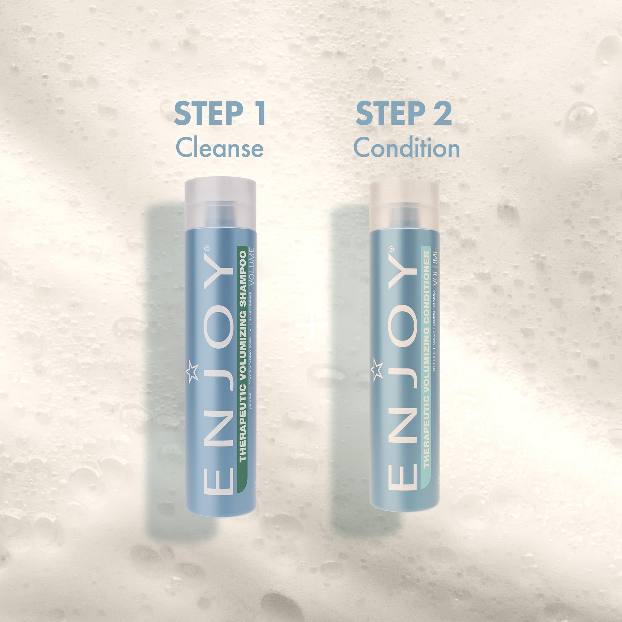 Enjoy Therapeutic Volumizing Conditioner packaging on shelf signals premium care