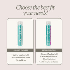 Enjoy Hair Finishing Spray advanced formula packaging communicates weightless shine and hold.
