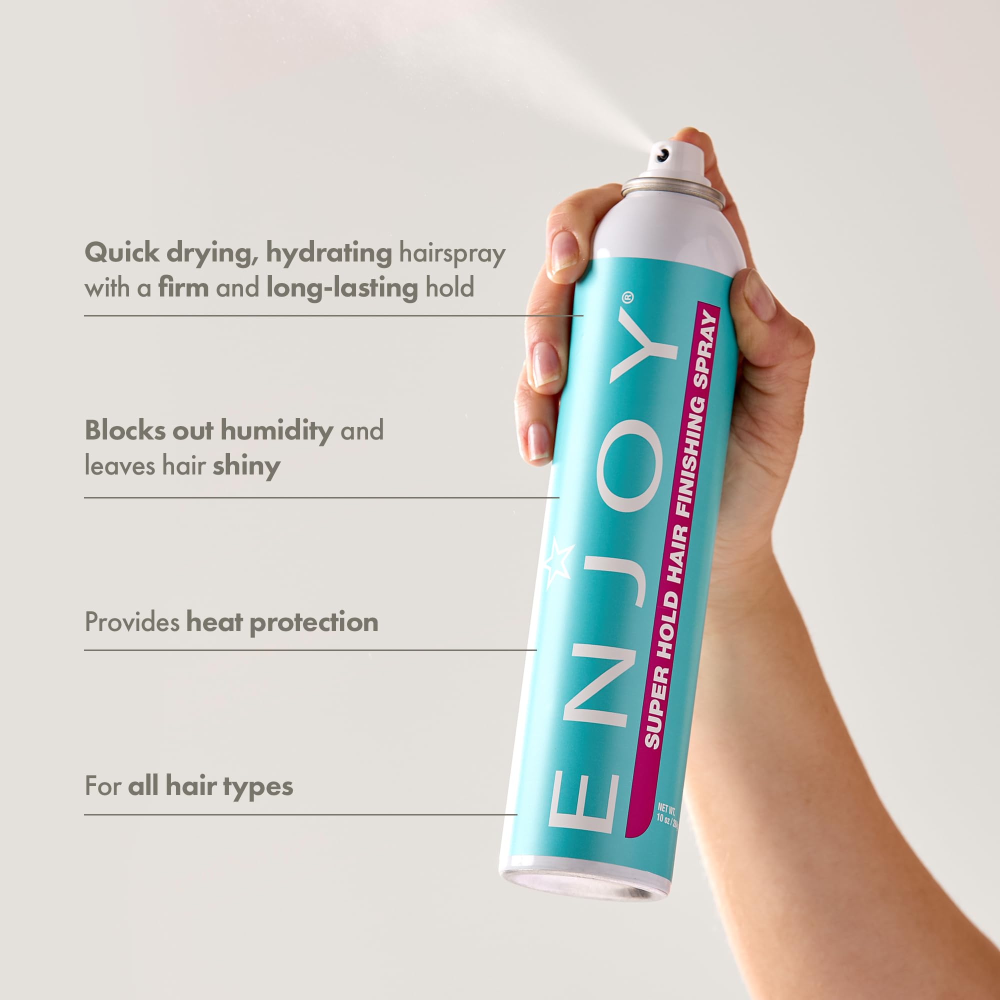 Enjoy Hair Finishing Spray nozzle dispense action showing rapid-dry control.