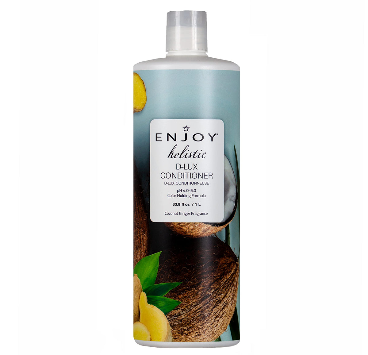 Enjoy Holistic D-LUX Conditioner bottle with a pH-balanced formula for smoother curls.
