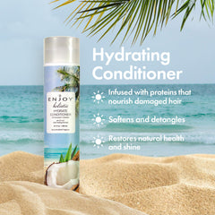 Enjoy Holistic Hydrate Conditioner bottle pour demonstrates controlled application for even coverage.