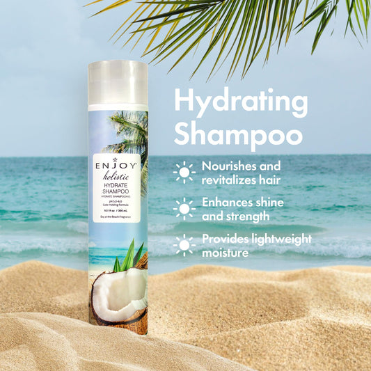 Enjoy Holistic Hydrate Shampoo label highlights clean formula free from sulfates and parabens
