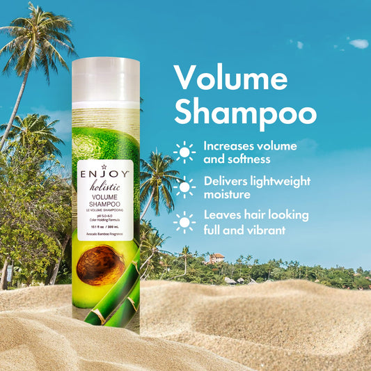 Enjoy Holistic Volume Shampoo ingredient blend highlights botanical care for scalp and hair.