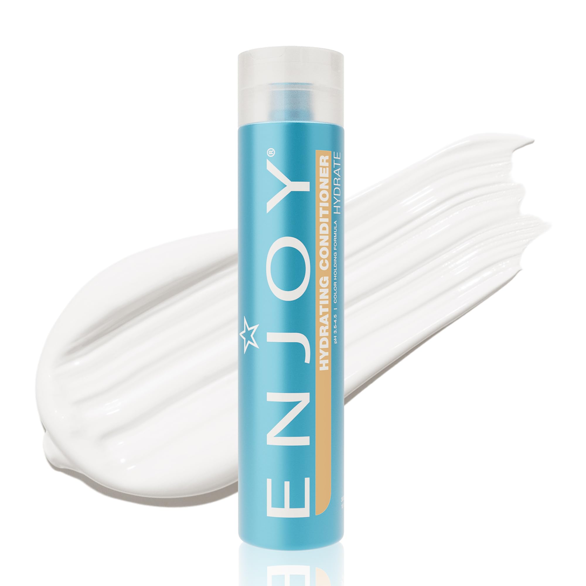 Enjoy Hydrating Conditioner bottle pouring for smoother, frizz-free hair.