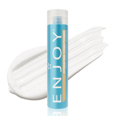 Enjoy Hydrating Conditioner bottle pouring for smoother, frizz-free hair.