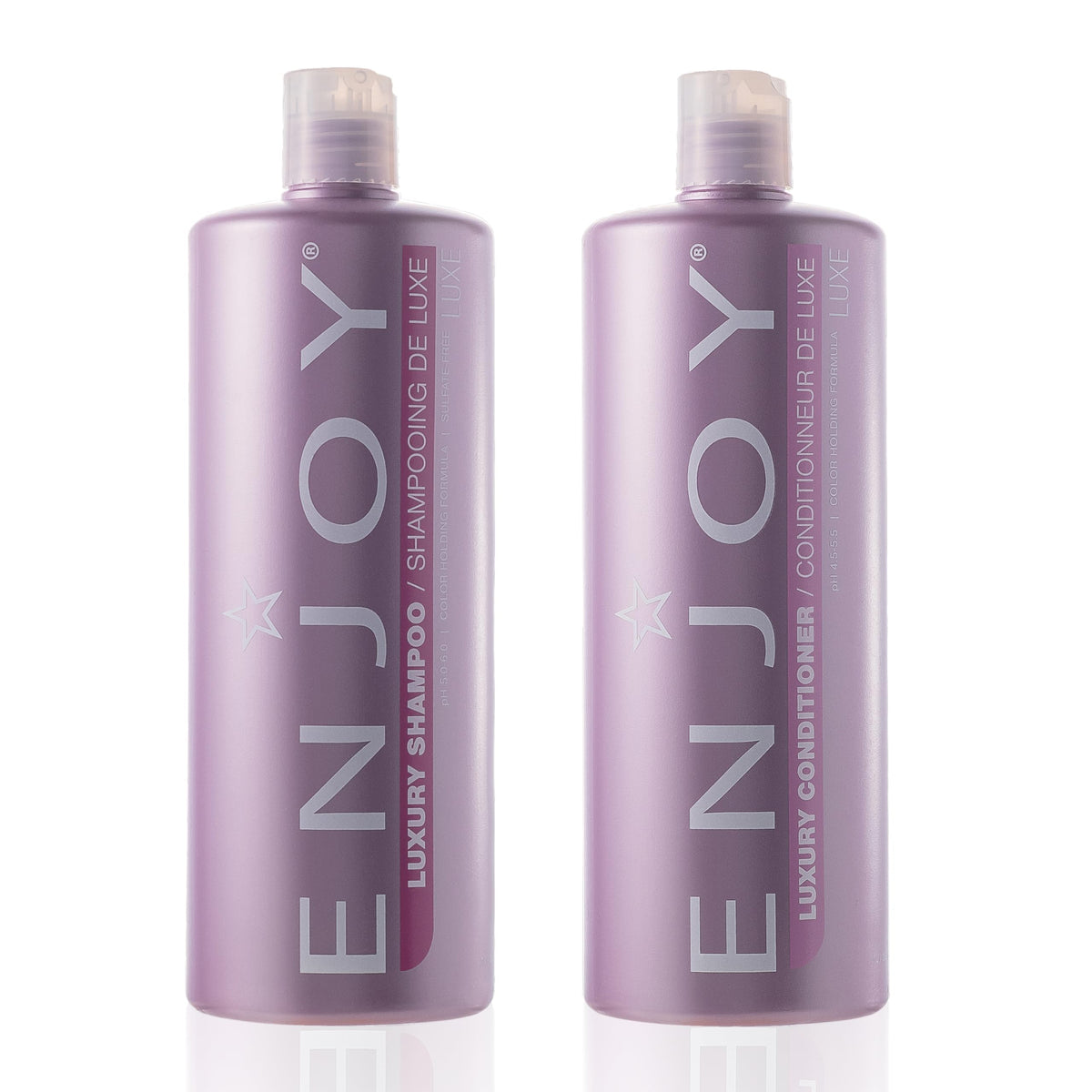 Enjoy Luxury Shampoo bottle front showing frizz-control for thick hair.