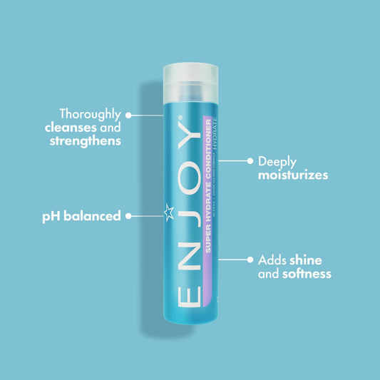 ENJOY Super Hydrate conditioner label closeup highlights sulfate-free formula.
