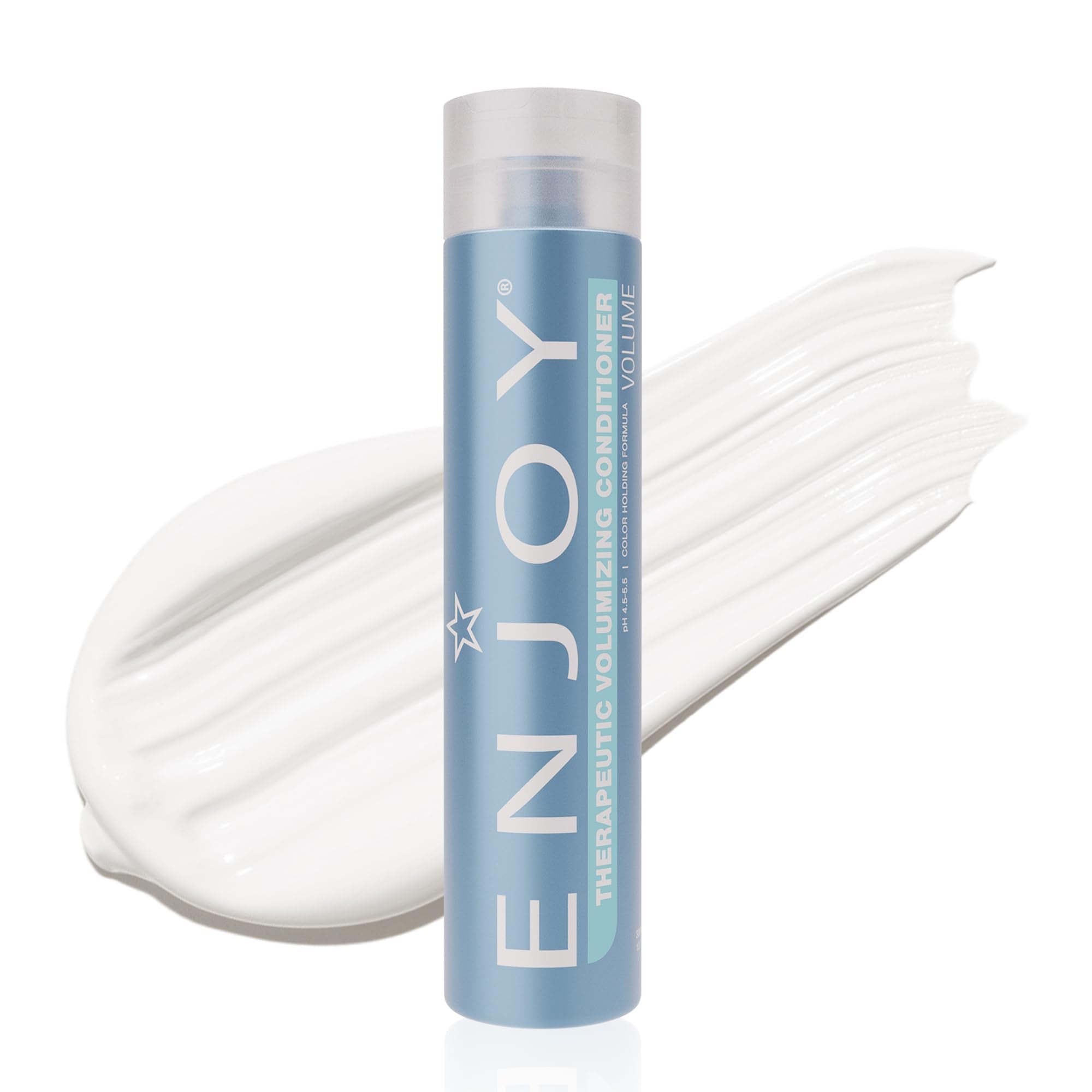 Enjoy Therapeutic Volumizing Conditioner bottle side shows sleek packaging and fuller hair potential.