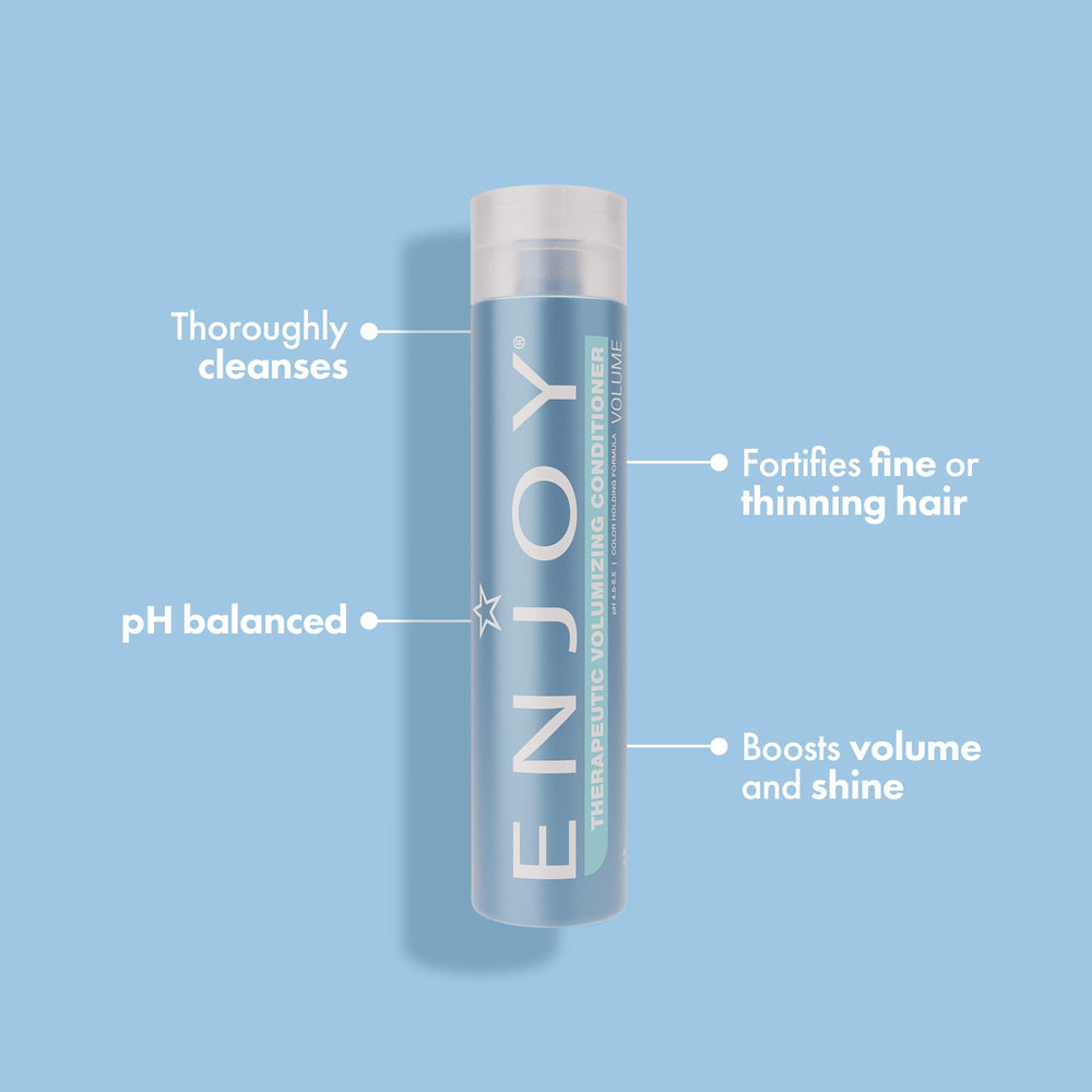 Enjoy Therapeutic Volumizing Conditioner pour action demonstrates easy, controlled application for taming fine hair.