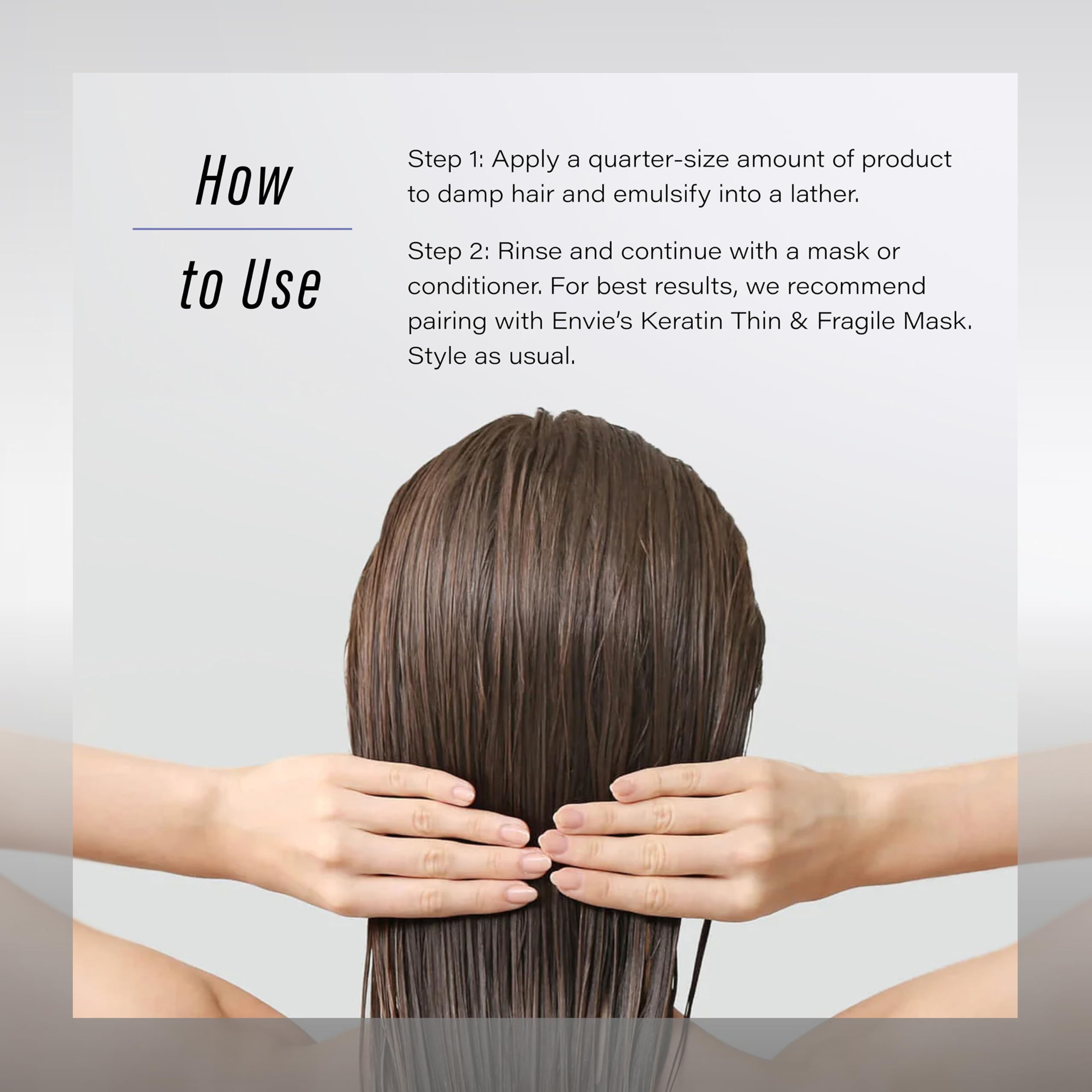 ENVIE LUXURY Keratin Shampoo suggested pairing with conditioner on shelf.