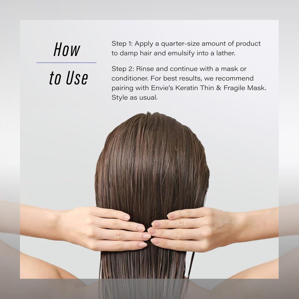 ENVIE LUXURY Keratin Shampoo suggested pairing with conditioner on shelf.