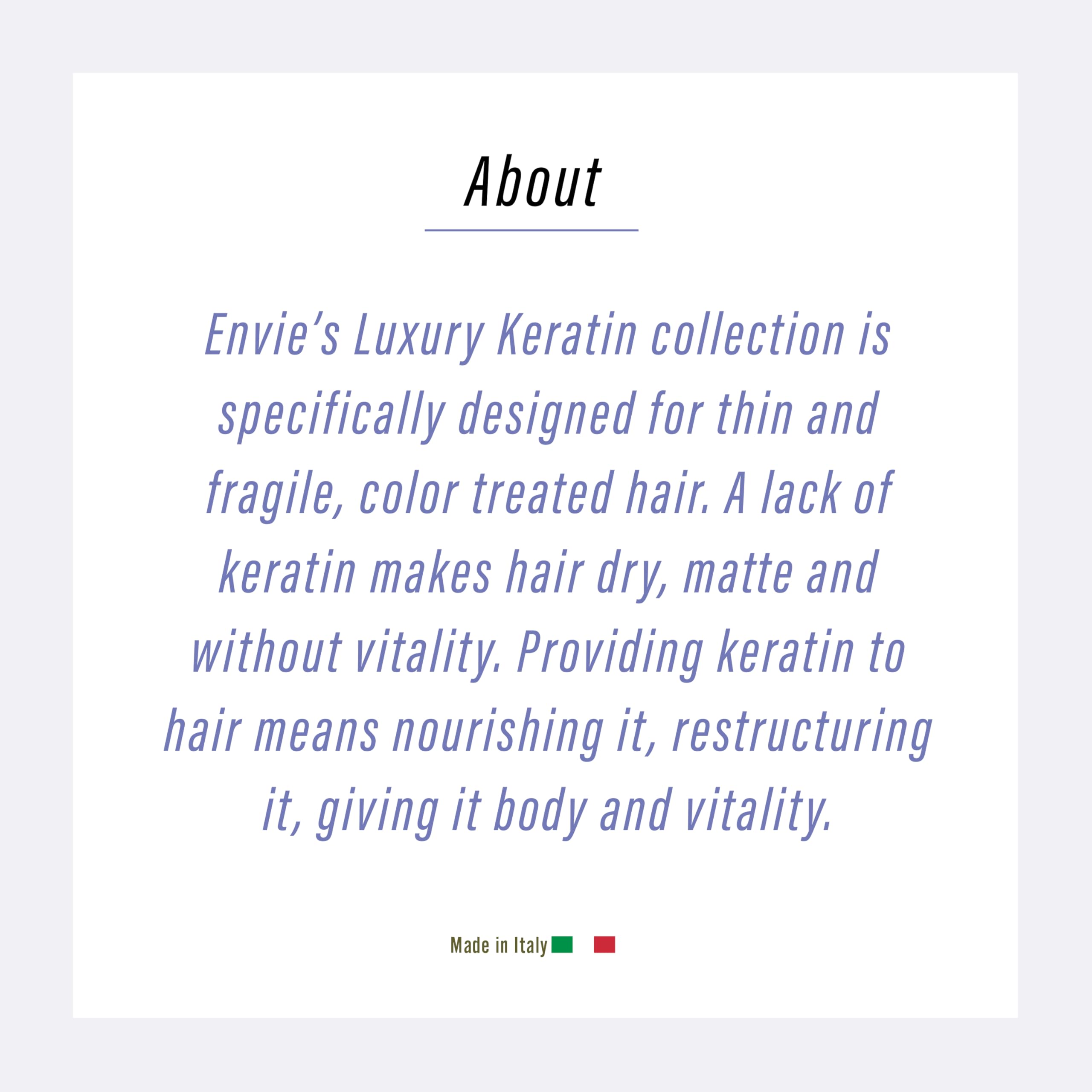 ENVIE LUXURY Keratin Shampoo bottle highlights shine on hair.