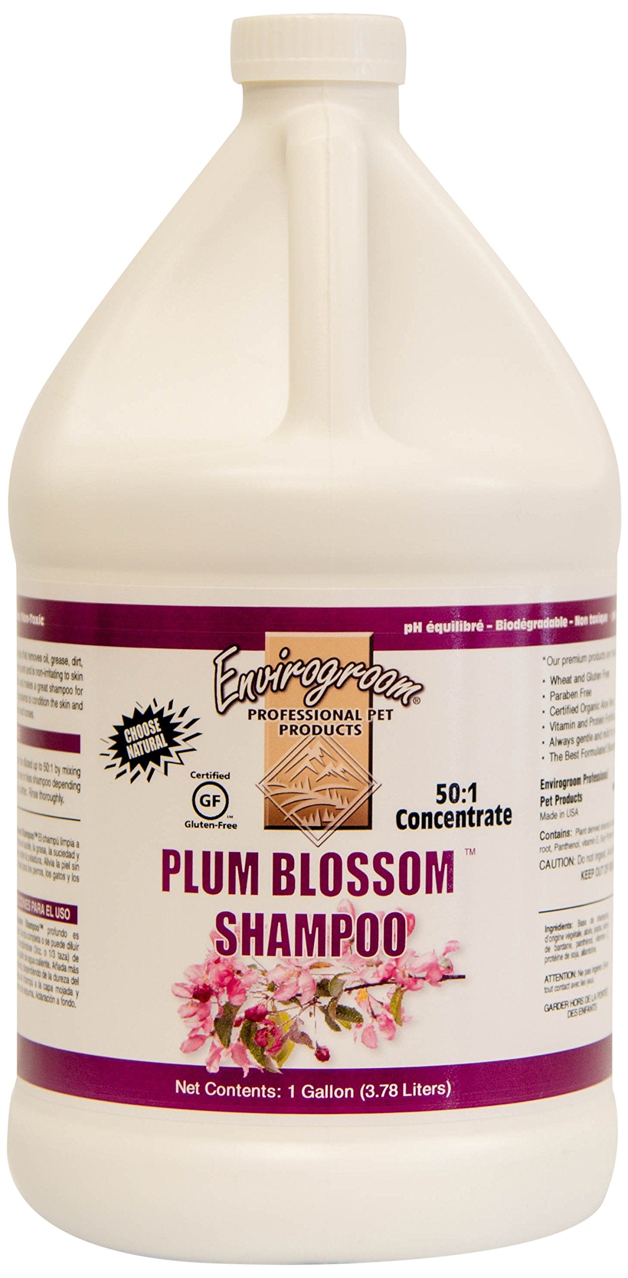 Envirogroom Plum Blossom Shampoo bottle pouring for gentle deep cleaning of coats.