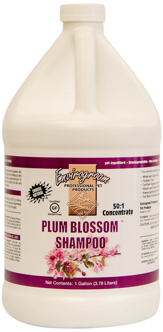 Envirogroom Plum Blossom Shampoo bottle pouring for gentle deep cleaning of coats.