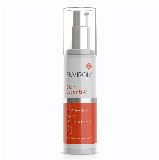 Environ AVST 1 bottle close-up showing a lightweight moisturizer for beginners.