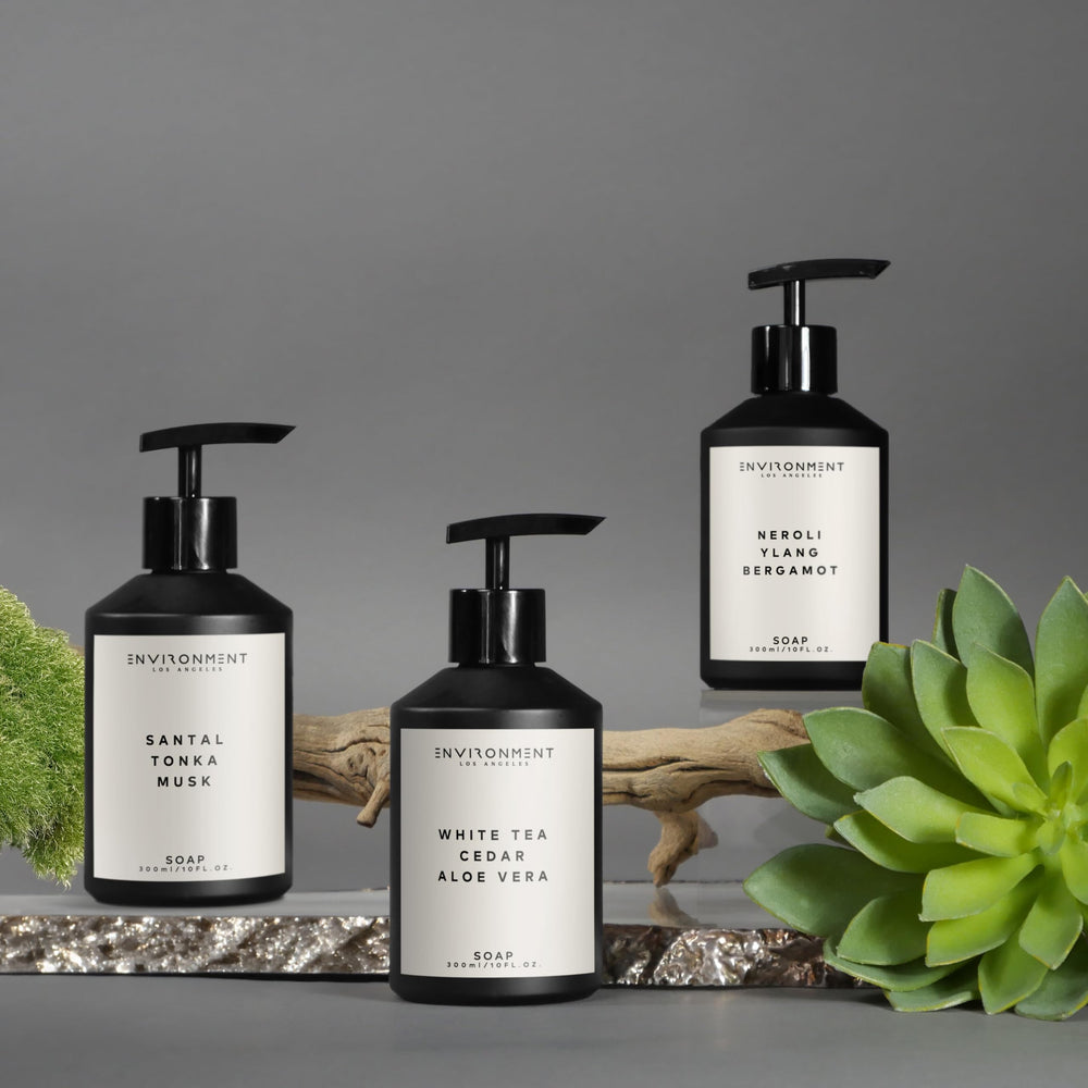 ENVIRONMENT Lily hand soap closeup focusing on delicate fragrance and sleek packaging