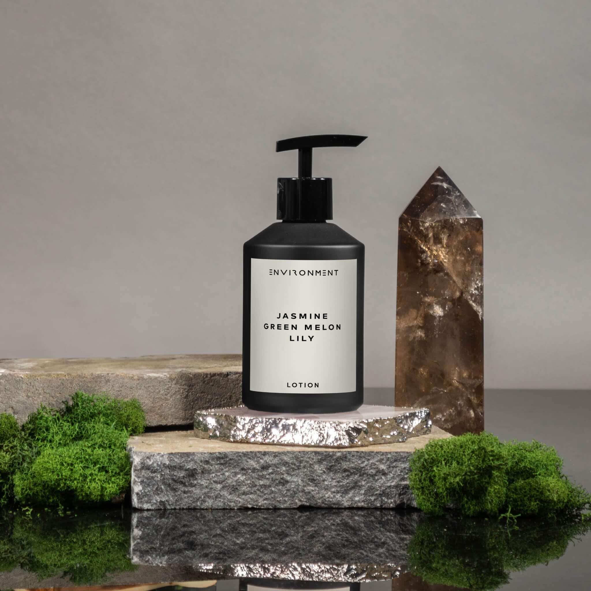 ENVIRONMENT WN Lotion bottle pour demonstrates quick absorption for smooth, non-greasy application