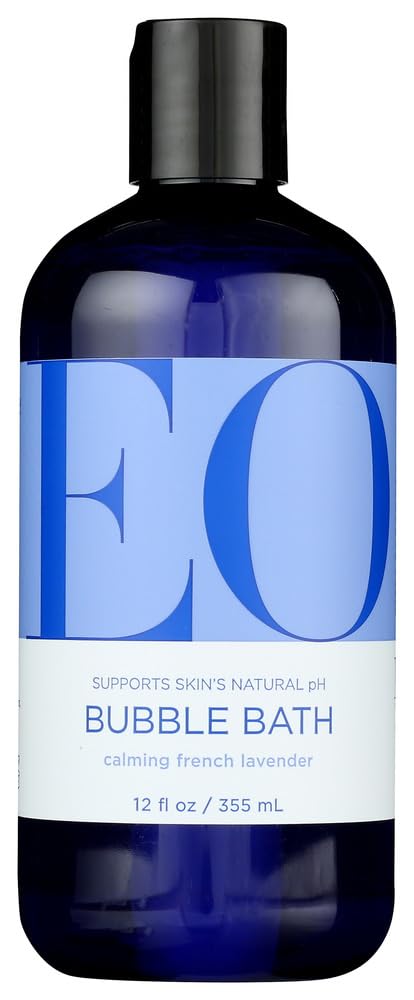 EO Bubble Bath Serenity French Lavender bottle pour calms the senses during bath