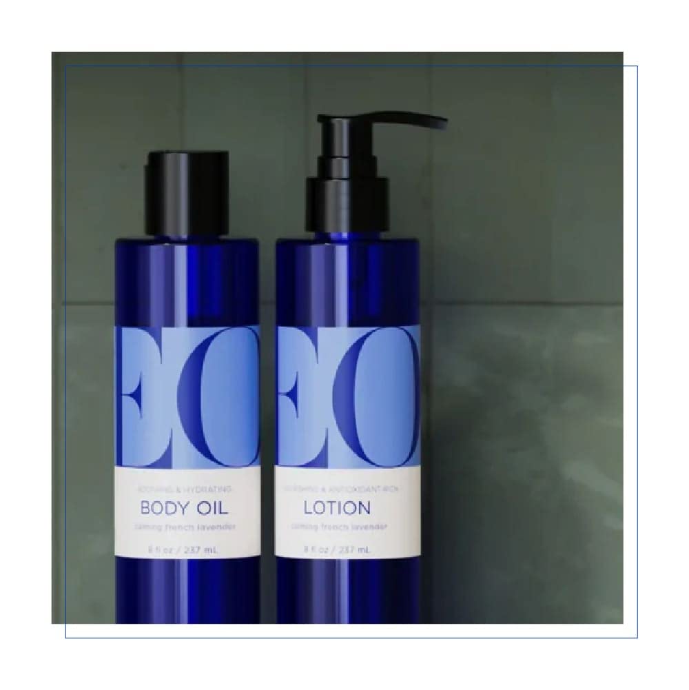 EO Orange Blossom Vanilla packaging on a vanity highlighting simple plant-based care.