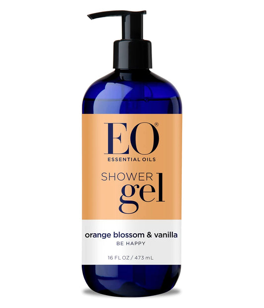 EO Orange Blossom Vanilla Shower Gel bottle closeup for daily refreshing cleanse.