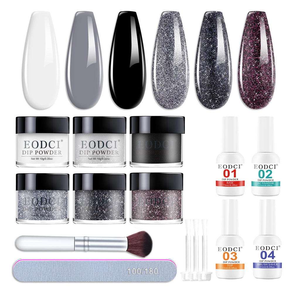 Eodci dip powder kit in six glitter colors for chic nails at home.