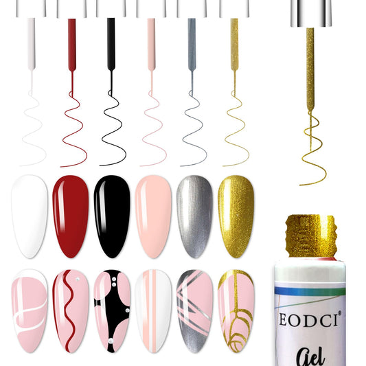 eodci gel liner art polish set 6 colors showcases vibrant pigments for precise nail art.