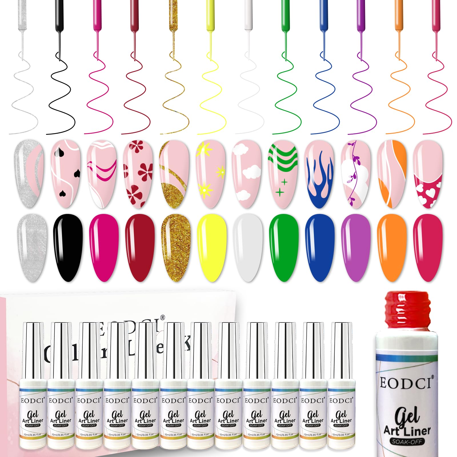 Eodci Nail Art Gel Liner Set with 12 colors for vibrant DIY designs.