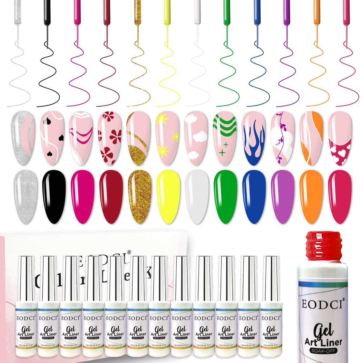 Eodci Nail Art Gel Liner Set with 12 colors for vibrant DIY designs.
