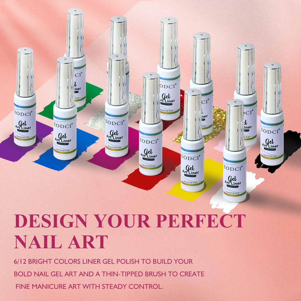 Eodci Nail Art Gel Liner Set color palette showcases vibrant shades for creative designs.