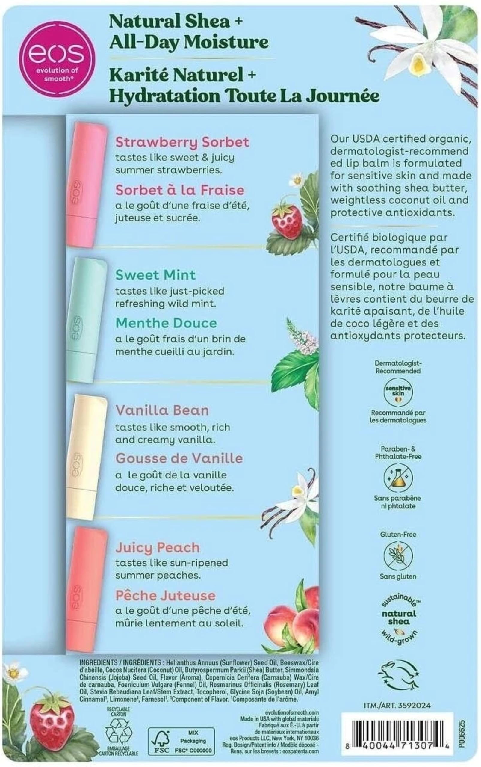 EOS Juicy Peach lip balm stick for smooth lips and fruity aroma.