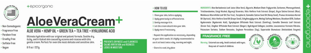 Epic Organicum Aloe Vera Moisturizing Cream packaging highlights USA-made natural ingredients