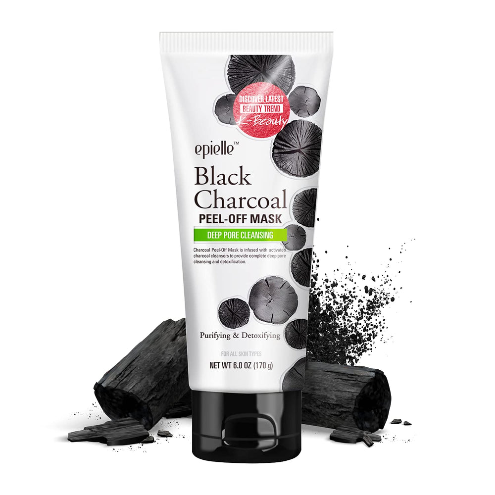 Epielle Black Charcoal Peel Off Mask pack shot highlighting detoxifying cleanse for pores.