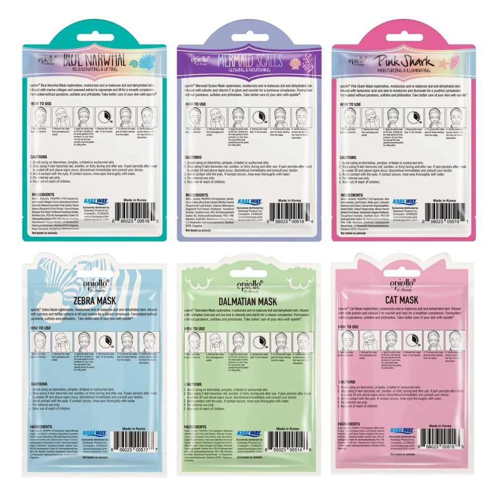 Epielle character mask collection display emphasizes vegan, cruelty-free skincare