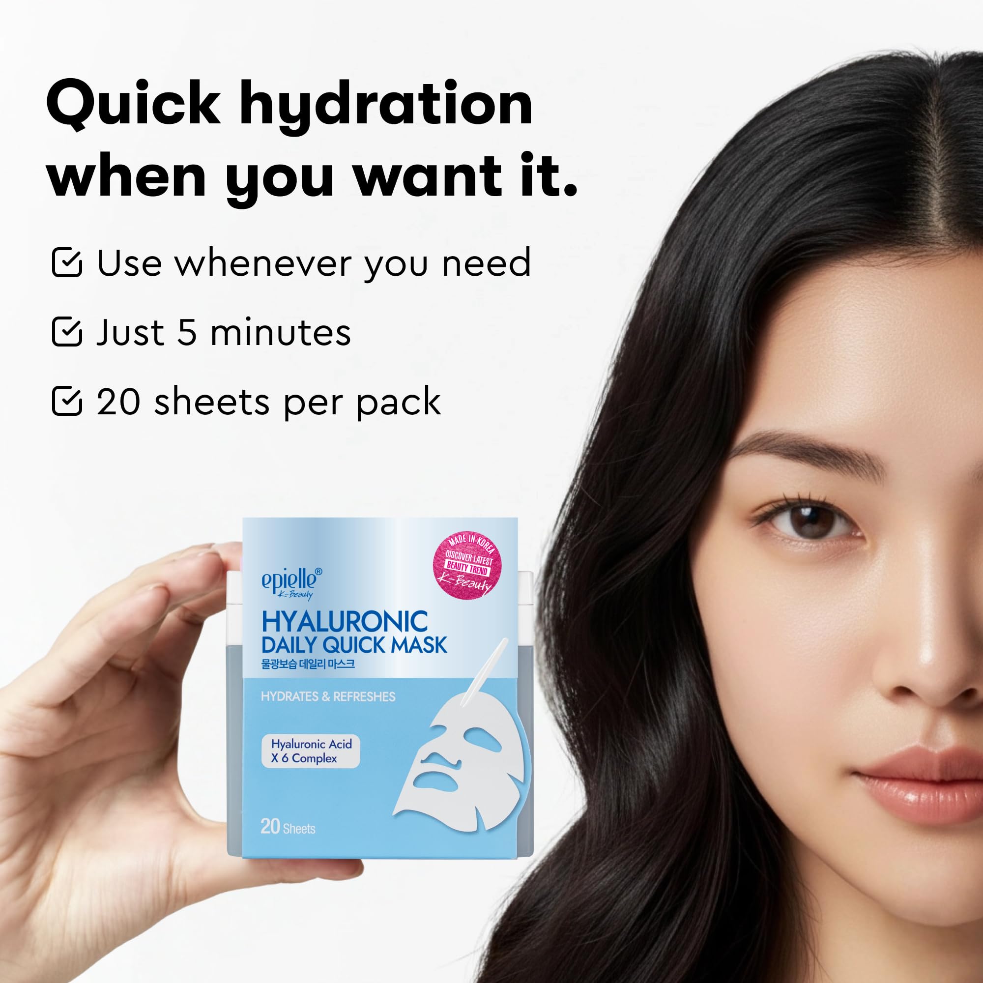 Epielle Hyaluronic Acid mask with five-minute plumping demonstrates fast hydration for tired skin.