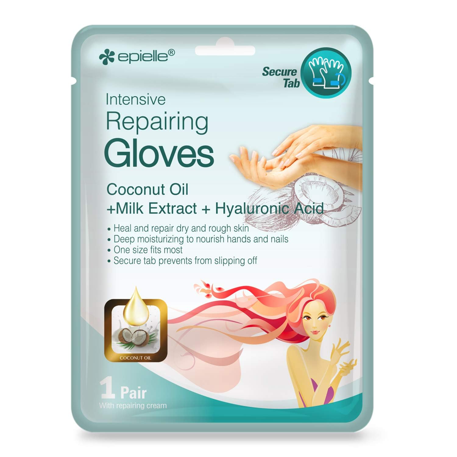 Epielle hand mask adhesive tabs secure the gloves during use.