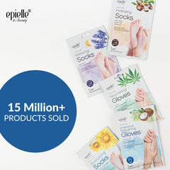Epielle hand masks showing coconut oil and milk extract for nourishment.