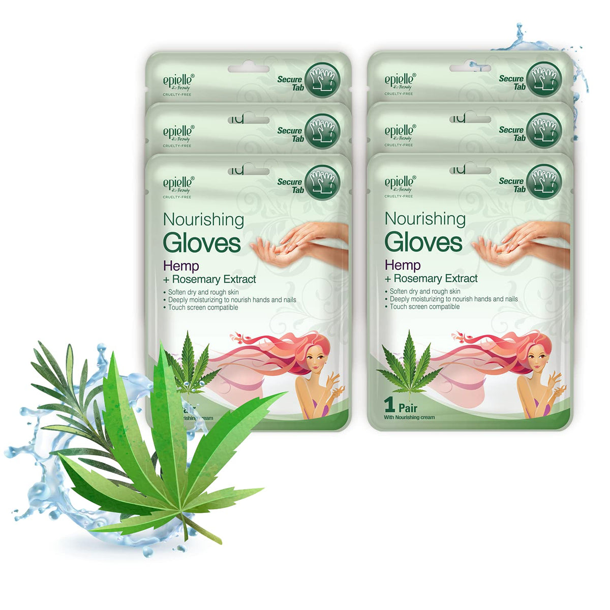 Epielle Nourishing Hand Mask front pack view shows hemp and rosemary formula.